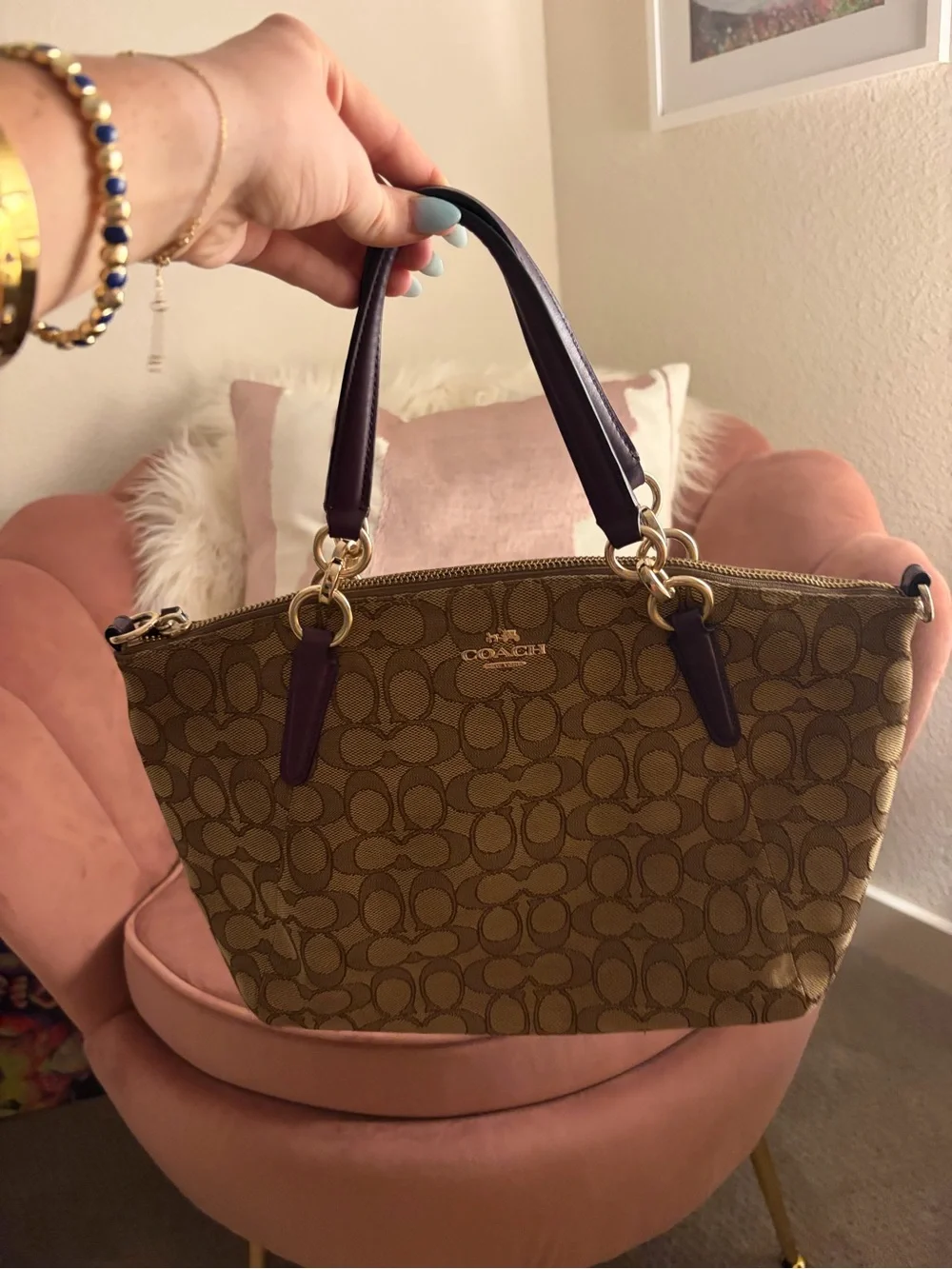 Coach Brown Signature Canvas Shoulder Bag with Dark Purple Handles
